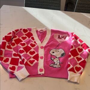 Peanuts Women's Snoopy Valentine's Luv Heart Cardigan Sweater Pink Size Sm 💕